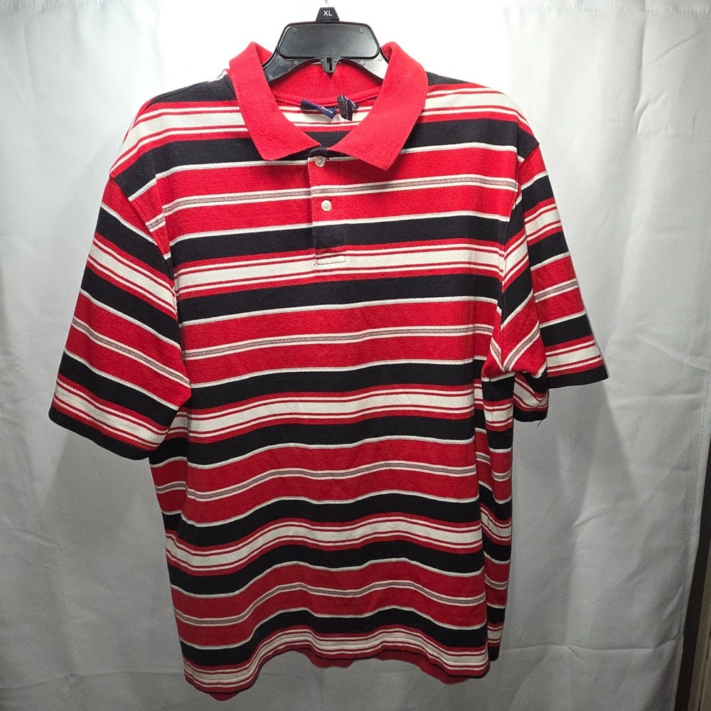 Vintage Men's Bugle Boy Short Sleeve Polo Red Black Stripe XL